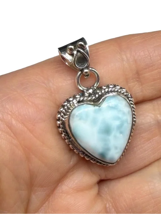 Larimar Heart Shaped Necklace Pendant Solid 925 Sterling Silver - Picture 3 of 5